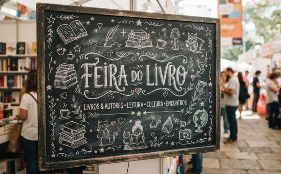 Feira do Livro - Cartaz em lousa de giz com ilustra&ccedil;&otilde;es para eventos liter&aacute;rios, feiras e livrarias