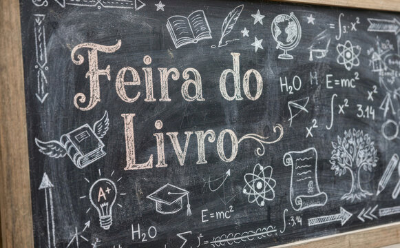Feira do Livro fundo de educacao escola e literatura com desenhos em giz no quadro negro