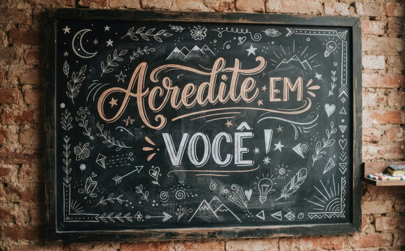 Acredite em voce lousa com frase motivacional escrita a mao para inspiracao e decoracao