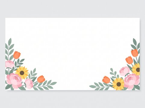 Elegant Horizontal Floral Border with Pink Roses, Yellow Sunflowers and Orange Tulips on White