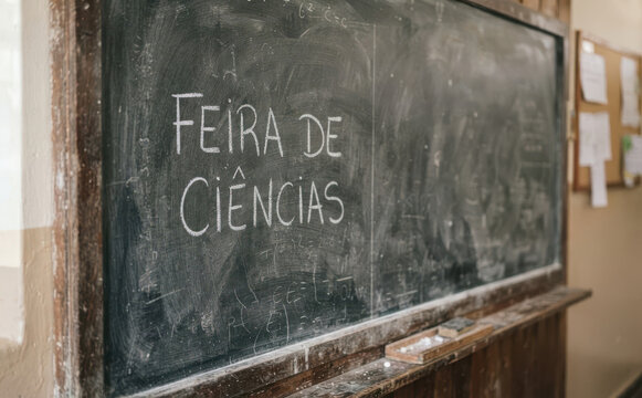 Feira de ciencias escrito na lousa escolar para projetos educacionais e apresentacao de alunos