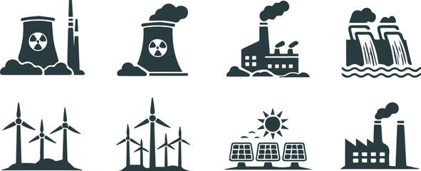Naklejka premium Power Plant Icon Set with Nuclear Solar Wind and Hydro Energy