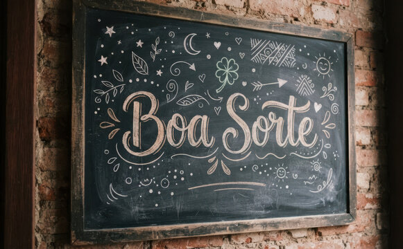 Boa Sorte em lousa com giz para inspiracao positiva e mensagem de boa sorte na decoracao