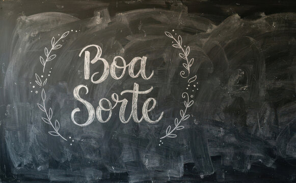 Boa Sorte escrito a giz em quadro negro, mensagem de sucesso e motivacao para design e projetos
