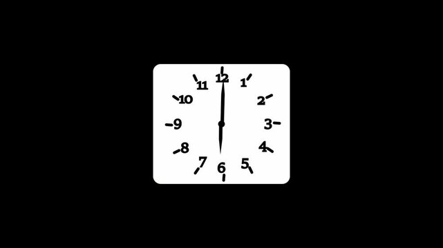 A black and white image of a clock with a square background. The clock face is white with black numbers and hands. The time shown is 1:14. The background is plain white.