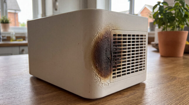 Dangerous burnt corner of a faulty white electronic device on a wooden kitchen counter indoors at home.