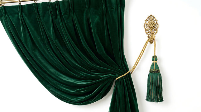 Emerald green velvet curtain with gold tassel and ornate wall hook