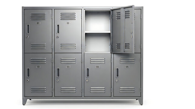 Gray metal locker unit with numbered compartments and open door
