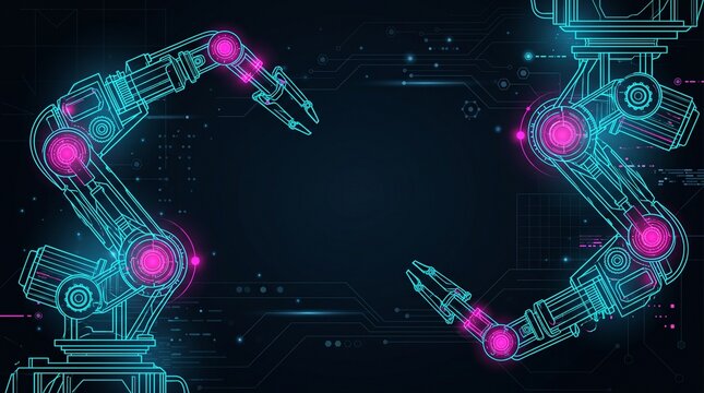 Futuristic Dark Robotics Background with Glowing Neon Automation Wireframes and Copy Space