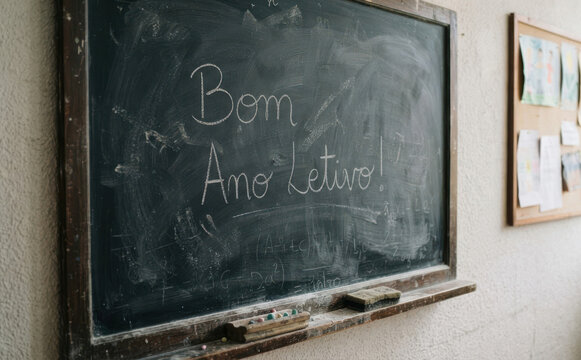Bom Ano Letivo - Educacao escolar e volta as aulas com lousa e giz em sala de aula