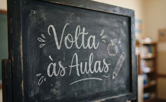 Volta as Aulas escrito em lousa com giz com maca e lapis para educacao escolar e regresso