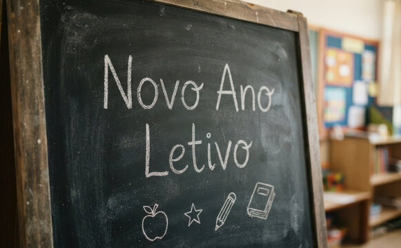 Novo Ano Letivo escrito em lousa escolar com giz para regresso as aulas e educacao infantil