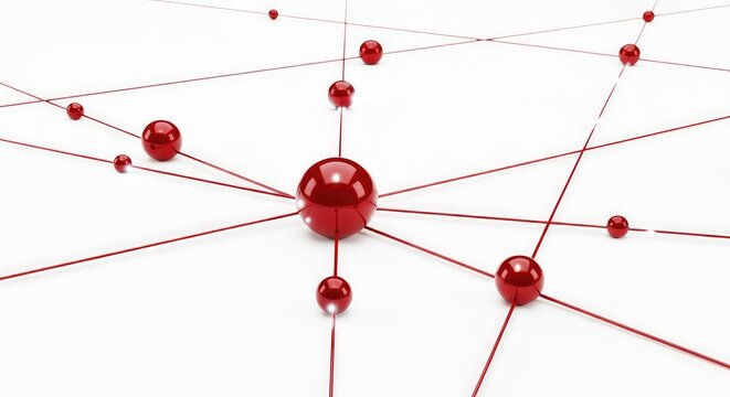 A clean minimalist composition of thin red lines intersecting with glossy spheres across a stark white backdrop representing connectivity, pattern, modern, geometric