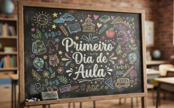 Primeiro Dia de Aula - Volta as aulas lousa escolar com desenhos em giz e educacao infantil