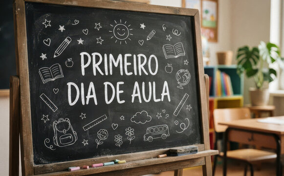 PRIMEIRO DIA DE AULA Lousa escolar com giz e desenhos para volta as aulas educacao infantil
