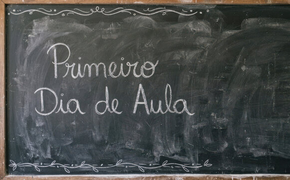 Primeiro Dia de Aula escrito em lousa escolar para conceito de educacao e regresso as aulas