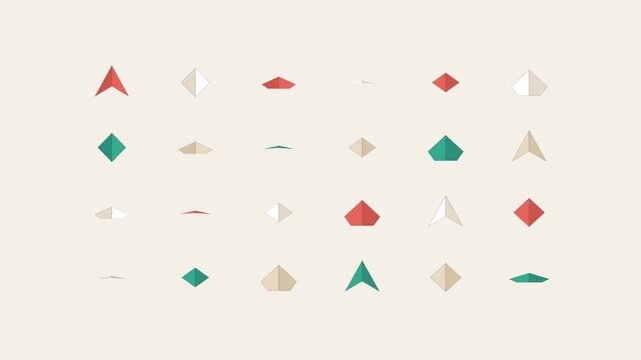 Folded paper shapes flipping in a diagonal wave cascade