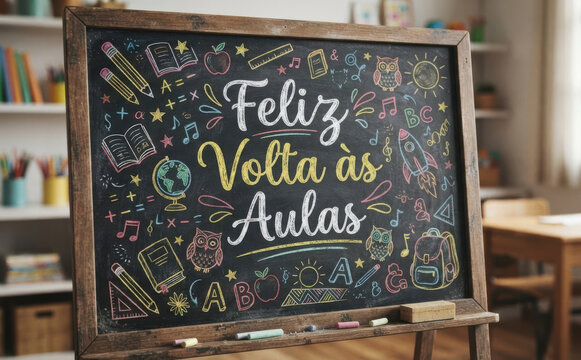 Feliz Volta as Aulas lousa escolar com desenhos de material para regressar as aulas e educacao infantil
