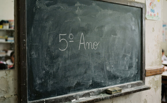 5 Ano escrito na lousa negra da sala de aula com giz branco para projetos escolares educacionais