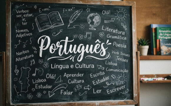 Portugu&ecirc;s L&iacute;ngua e Cultura - Quadro negro escolar com giz para educa&ccedil;&atilde;o e ensino de idiomas