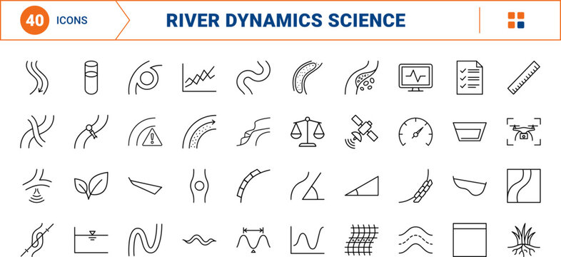 River meander curve line icon set. Vector pictograms of hydrology, geomorphology, fluvial dynamics, and riverbank erosion elements, thin linear illustration.