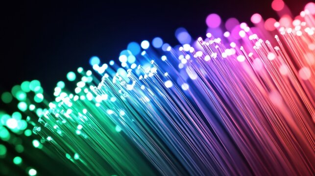 Close-up of glowing fiber optic strands in a spectrum of colors