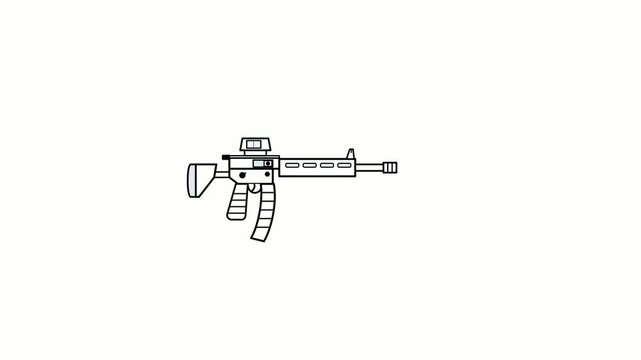 Black line art assault rifle shooting on white background. 4K Video