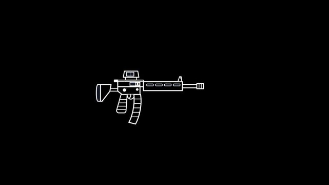 Simple white line assault rifle firing on black background. 4K Video