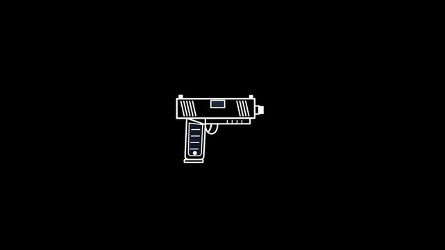 Minimalist line art handgun firing bullets on black background. 4K Video