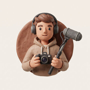 3D clay illustration of a young male content creator with headphones, holding a camera and microphone