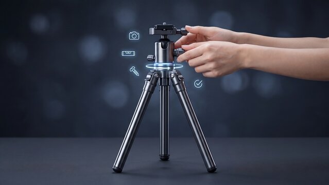 Camera tripod equipment setup concept, hands adjusting ball head with digital camera, level, screw and checkmark icons, photography gear, studio stabilization, content creation and videography product