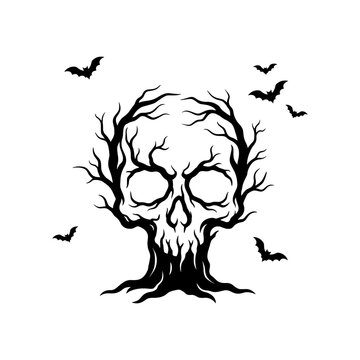 Spooky skull tree silhouette with flying bats for Halloween design vector illustration