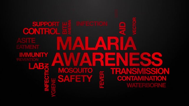 Malaria awareness concept Animated Tag Word Cloud kinetic typography, Text Design Animation typography seamless loop video motion graphics Intro Wordart arrangement red type on black background bg bac
