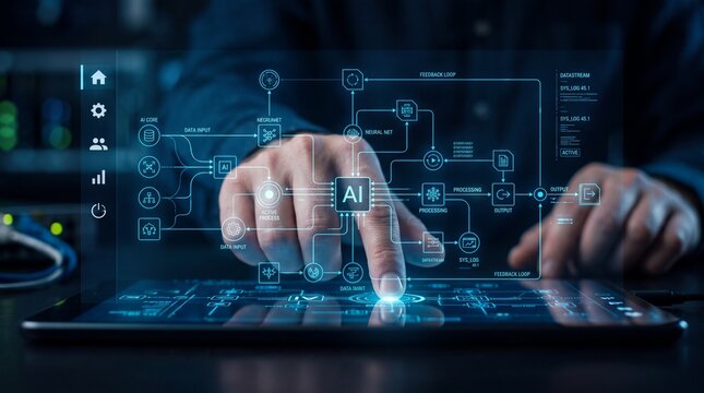 Hand touching digital tablet with futuristic glowing blue holographic artificial intelligence interface