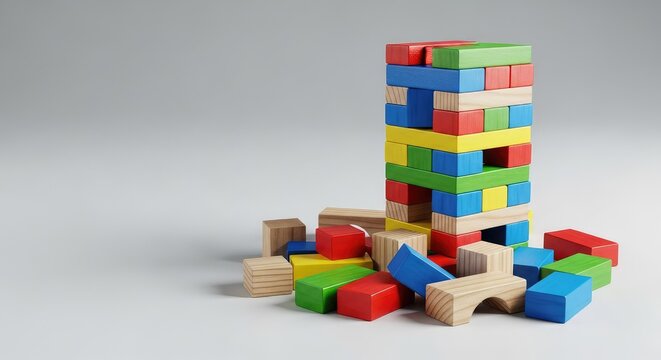 A vibrant wooden block tower stands tall on a clean surface while several colorful pieces lie scattered at the base after a playful collapse, blue, green, multicolored