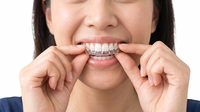 Clear dental aligners on woman's teeth, invisible orthodontic braces for straight smile, plastic teeth retainer for dental treatment