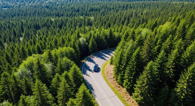 An aerial perspective of a lone car navigating a sharp bend on a winding rural road surrounded by a vast and lush green evergreen forest, wood, view, quiet