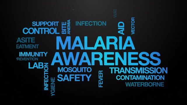 Malaria awareness concept Animated Tag Word Cloud kinetic typography, Text Design Animation typography seamless loop video motion graphics Intro Wordart arrangement blue type on black background bg b