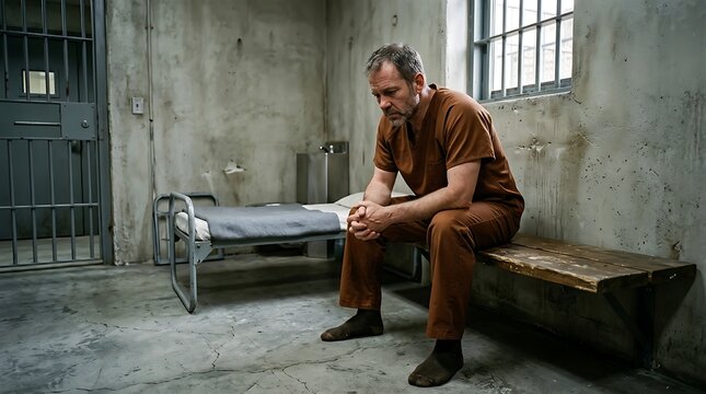 prisoner sitting on bench in prison room