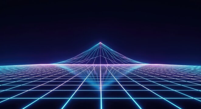 An infinite digital landscape featuring a glowing holographic grid with neon geometric lines receding into a deep dark futuristic horizon, design, communication, endless