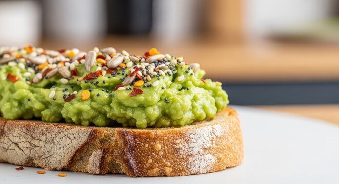 Close-up shot of creamy avocado toast on crusty bread, topped with red pepper flakes and seeds, featuring a soft blurred background, texture, brunch, vegetarian