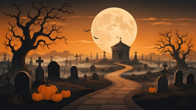 A spooky graveyard scene with a giant full moon and carved pumpkins wishing everyone a very happy halloween night