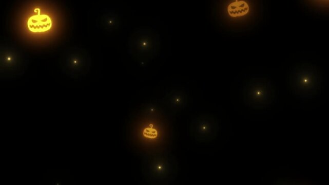 Glowing orange jack o lantern silhouettes floating against deep black background for seasonal holiday night events with flickering light particles