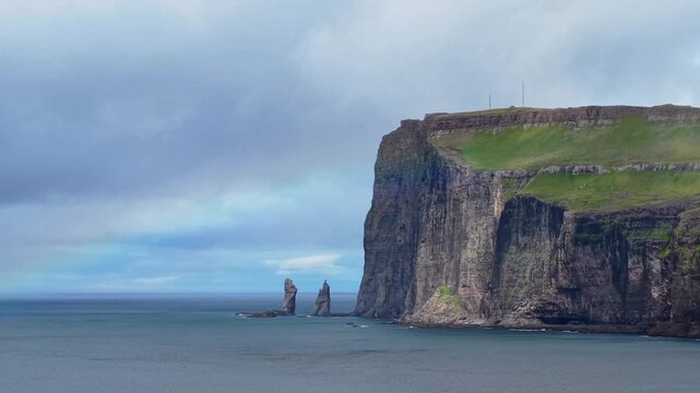 Tj&oslash;rnuv&iacute;k Black Sand Beach with Risin og Kellingin Sea Stacks, Faroe Islands