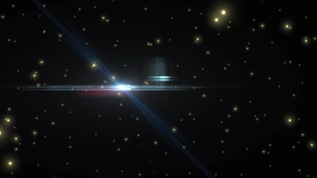 Abstract glowing light streaks moving across dark outer space background with golden floating particles with traversing dark celestial
