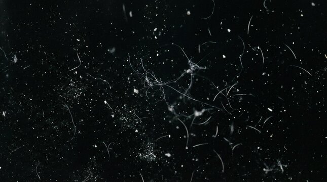 Macro view of white dust particles and fine lint scattered across a dark black surface, creating a gritty textured overlay.
