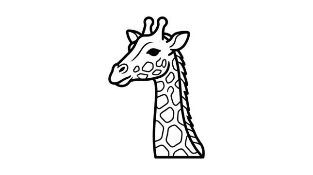 Black and white outline illustration of a giraffe head and neck, simple cartoon style, isolated on white background