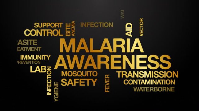 Malaria awareness concept Animated Tag Word Cloud kinetic typography, Text Design Animation typography seamless loop video motion graphics Intro Wordart arrangement golden type on black background bg 
