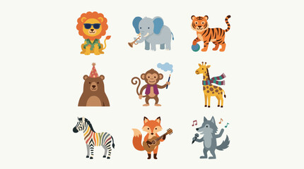 Fototapeta premium Cute cartoon animal icon set: lion with sunglasses, elephant playing trumpet, tiger with ball, bear with party hat, monkey with magic wand, giraffe