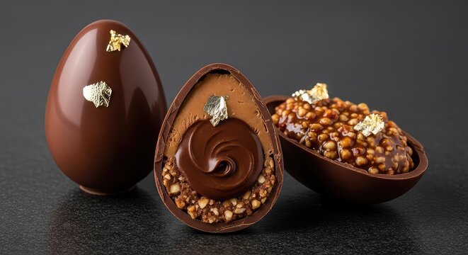 Gourmet dark chocolate eggs with silky ganache filling, metallic edible gold leaf, and creamy hazelnut praline on a polished stone surface, decadent, close-up, organic
